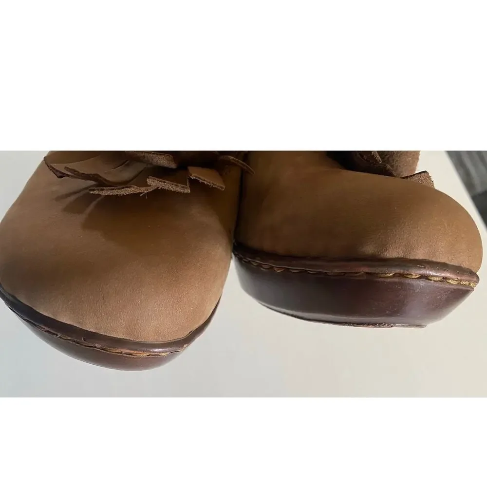 Born Suede Boho Fringe T-Strap Mules Heel Tan Size 9 Hippie Festival‎